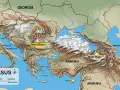 Mapa Kaukazu z zaznaczonym Elbrusem. Góra Elbrus leży w Europie, na kontynencie europejskim.