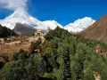 Wzgórza porośnięte sosnami, buddyjska świątynia i ośnieżone szczyty Himalajów podczas Manaslu Circuit Trek.