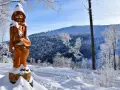 Drewniana figura wita turystów na Biskupiej Kopie. Śnieżny krajobraz i błękitne niebo tworzą zimową scenerię.