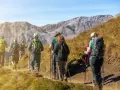 Grupa osób wyruszyła na wędrówkę. Wszyscy mają plecaki i kije do nordic walking, przemierzając górski szlak.