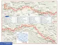 Mapa przedstawia etapy Głównego Szlaku Beskidzkiego, z zaznaczonymi punktami i numerami poszczególnych odcinków.