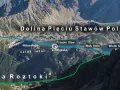 Widok na Dolinę Pięciu Stawów Polskich z zaznaczonymi szlakami. Widać Przedni, Mały i Wielki Staw.