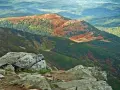 Kamieniste szczyty i jesienne barwy Beskidów. Widok na jedne z najpiękniejszych szlaków w Beskidach, gdzie jesień maluje zbocza na czerwono.