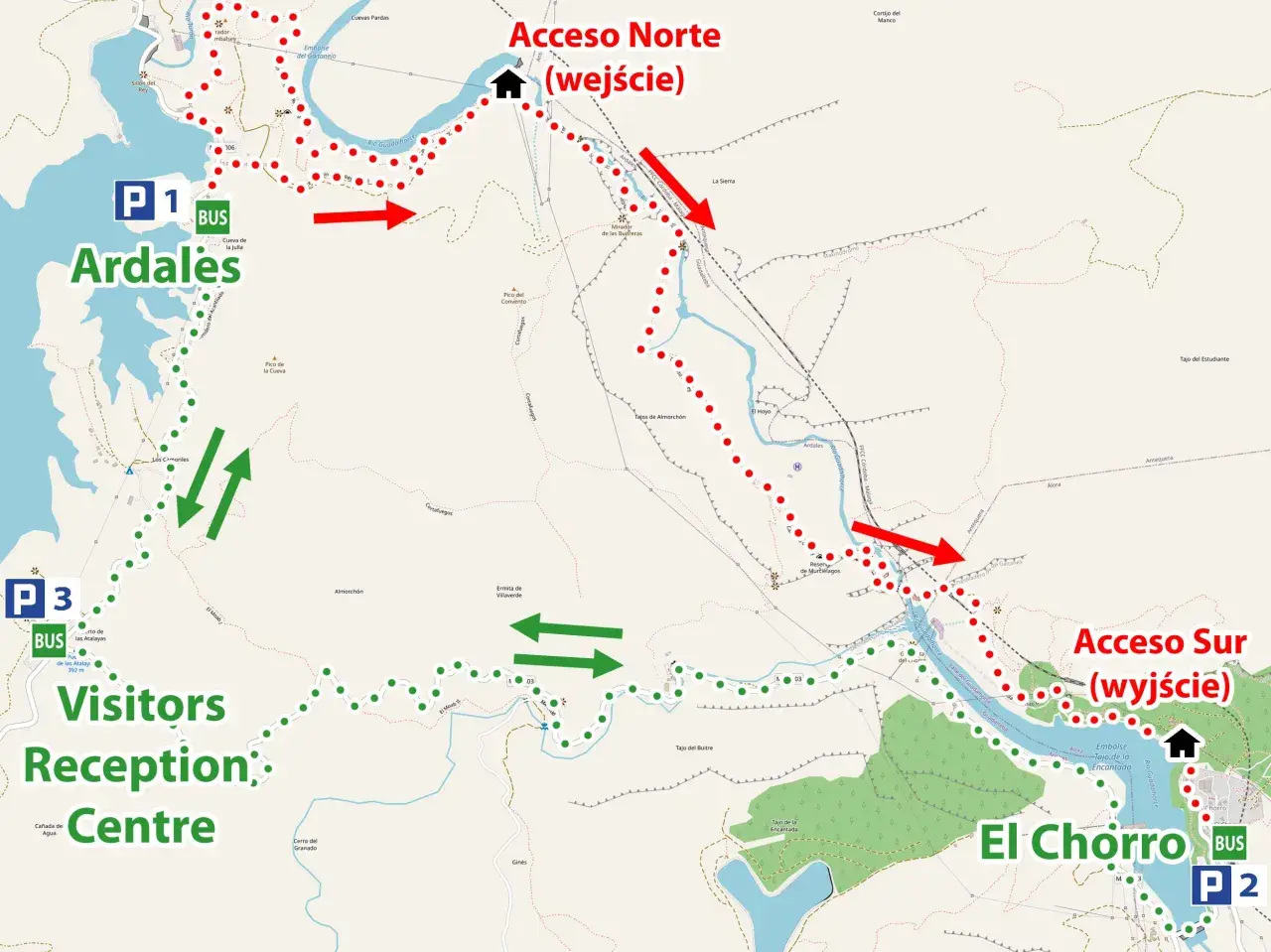Mapa szlaku Caminito del Rey z zaznaczonymi parkingami P1, P2, P3, wejściem północnym i południowym oraz centrum dla odwiedzających.