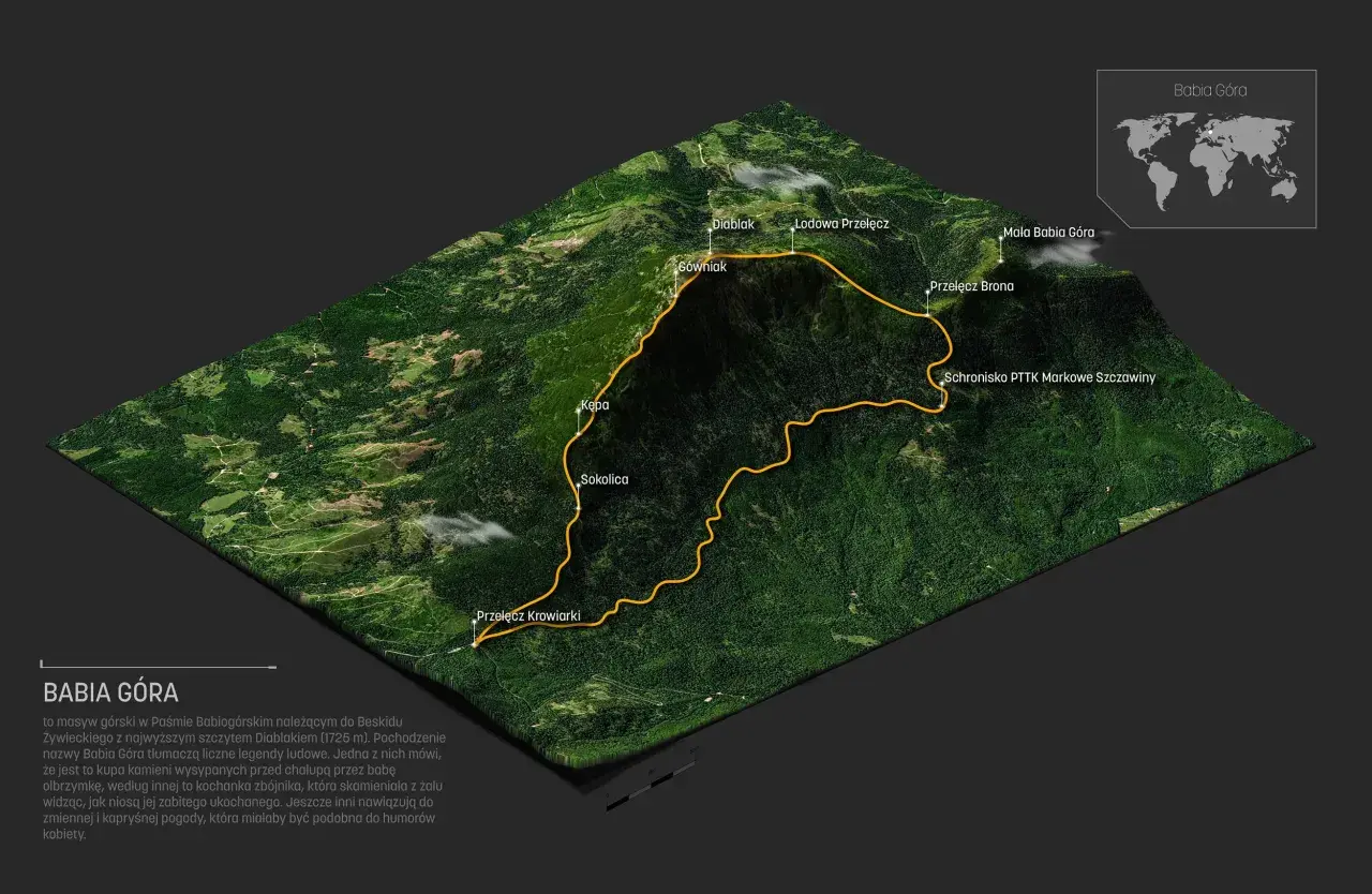 Trójwymiarowa mapa szlaków turystycznych na Babiej Górze, z zaznaczonymi szczytami i przełęczami.