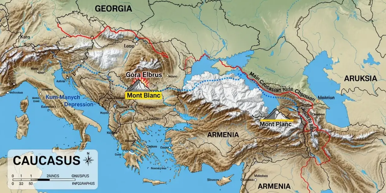 Mapa Kaukazu z zaznaczonym Elbrusem. Góra Elbrus leży w Europie, na kontynencie europejskim.