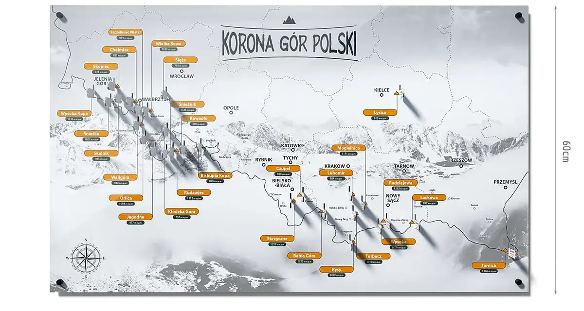 Mapa przedstawiająca Koronę Gór Polski z zaznaczonymi szczytami i ich wysokościami.