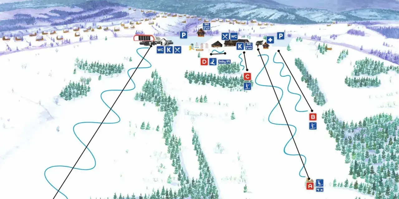 Mapa narciarska Bukowiny Tatrzańskiej z zaznaczonymi trasami, wyciągami i infrastrukturą. Idealna do planowania zimowych aktywności.