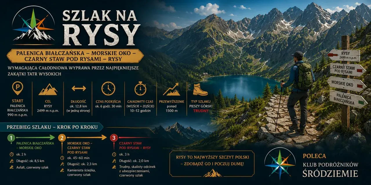 Wędrowiec na szlaku z widokiem na Morskie Oko i góry. Trasa prowadzi przez Palenicę Białczańską, Morskie Oko, Czarny Staw pod Rysami, aż na Rysy.