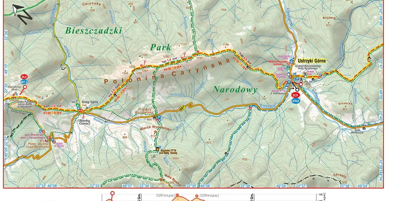Mapa przedstawia fragment Głównego Szlaku Beskidzkiego, najdłuższego szlaku w Polsce, przez Połoninę Caryńską.