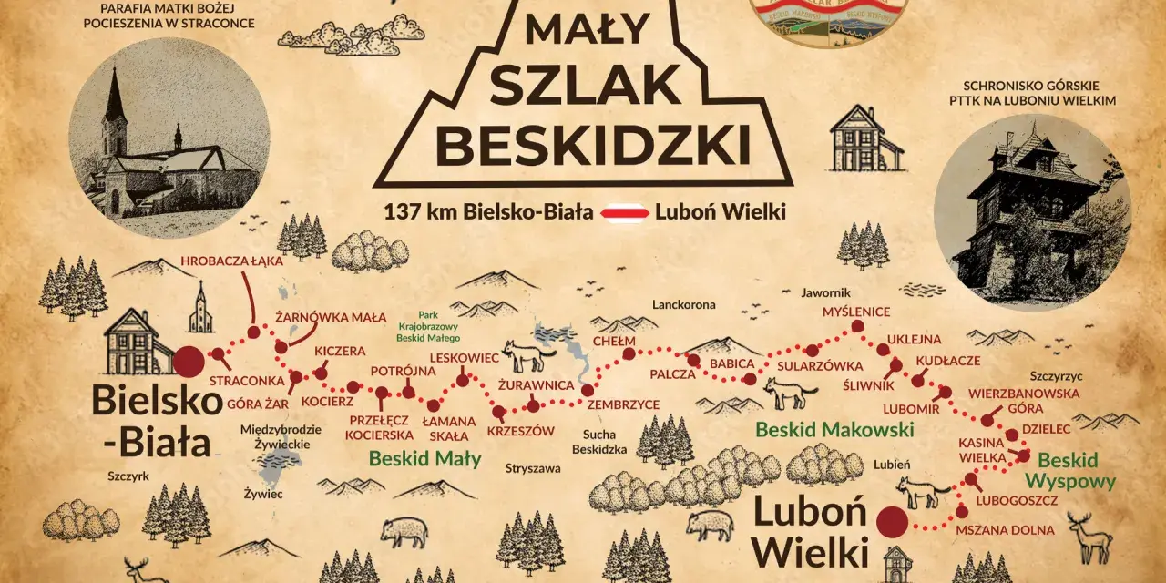 Mapa "Mały Szlak Beskidzki" z zaznaczonymi trasami, schroniskami i miejscowościami. W tle widok na Beskid Wyspowy, który jest koroną Beskidu Wyspowego.
