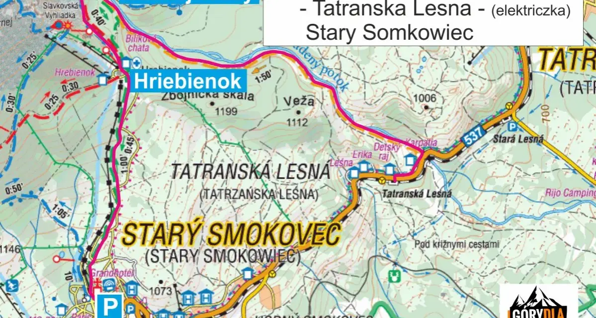 Mapa turystyczna z zaznaczoną trasą od Starego Smokowca przez Hrebienok i Wodospady Zimnej Wody do Tatrzańskiej Leśnej.
