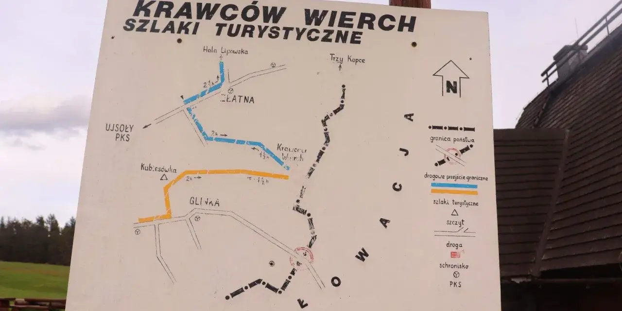 Mapa szlaków turystycznych Krawców Wierch. Wskazuje trasy do Hali Lipowskiej, Trzech Kopców, Glinki i Kubiesówki.