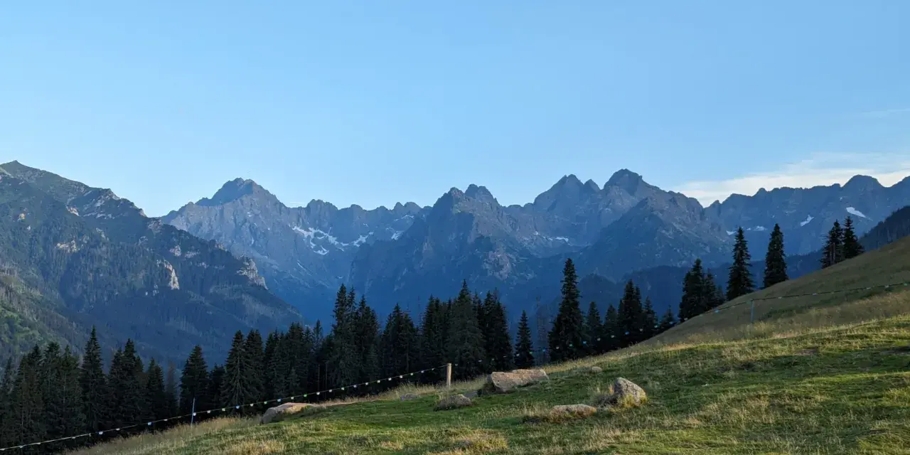 Widok na gęsią szyję Rusinową Polanę z pasmem górskim w tle.