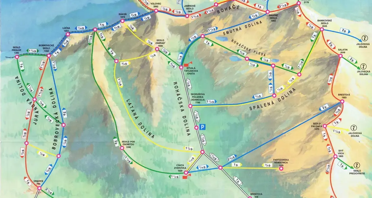 Tatry Słowackie: szlaki dla średnio zaawansowanych w Dolinie Rohackiej. Mapa turystyczna z zaznaczonymi trasami i czasami przejść.