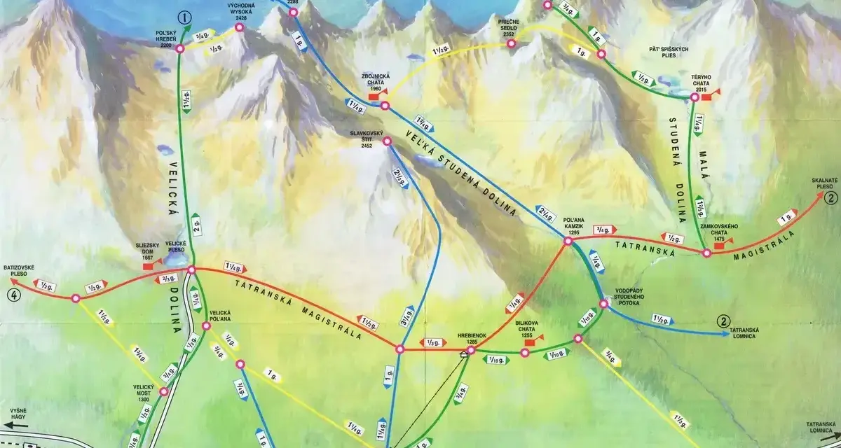 Mapa szlaków turystycznych Tatr Słowackich. Widok na Tatry od strony słowackiej z zaznaczonymi dolinami i szlakami.