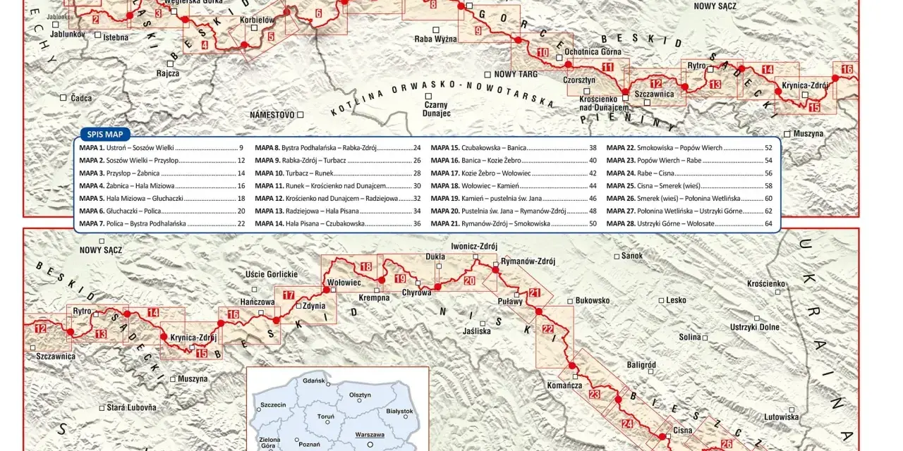 Mapa przedstawia etapy Głównego Szlaku Beskidzkiego, z zaznaczonymi punktami i numerami poszczególnych odcinków.