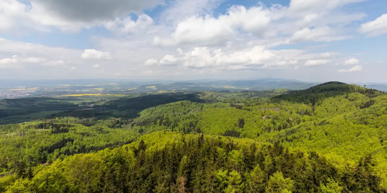 Widok z góry na zielone lasy i pola, idealny na kłodzka góra trasa.