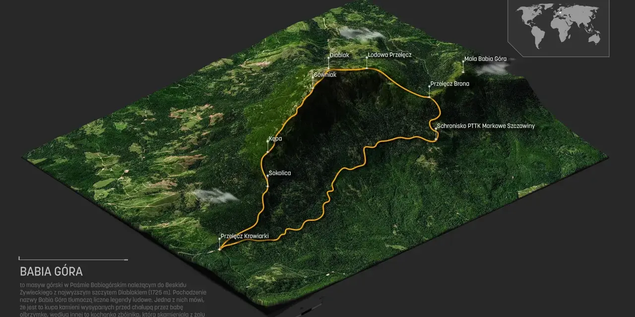 Trójwymiarowa mapa szlaków turystycznych na Babiej Górze, z zaznaczonymi szczytami i przełęczami.