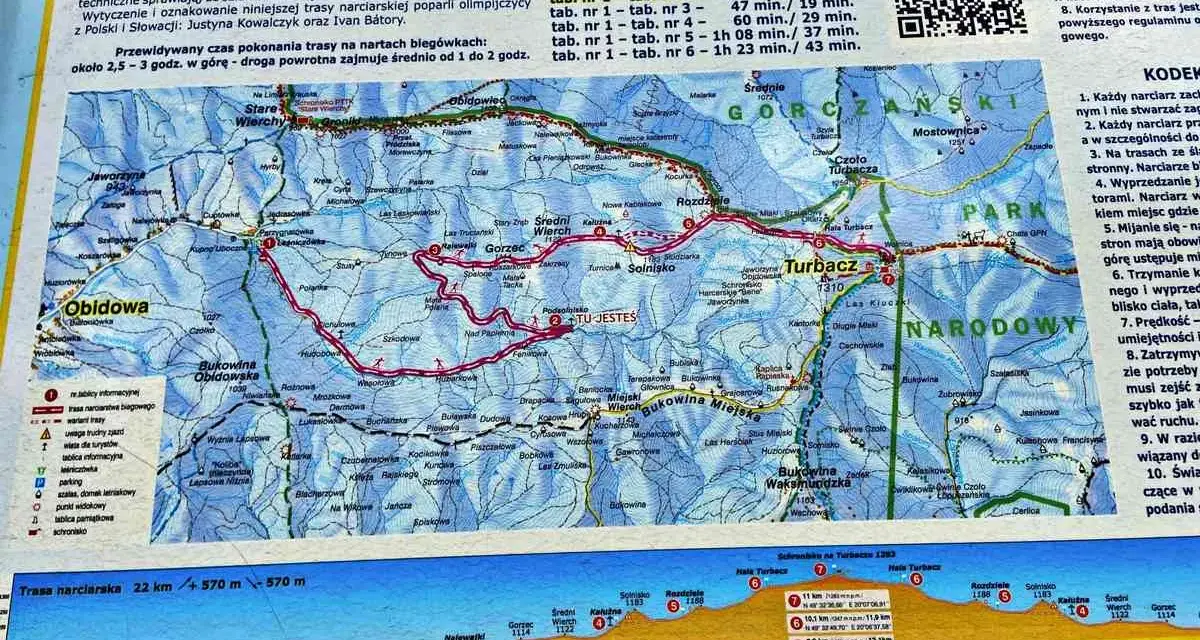 Trasa narciarska z Obidowej na Turbacz, 22 km, 570 m przewyższenia. Idealna dla biegaczy, z pięknymi widokami.