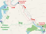 Mapa szlaku Caminito del Rey z zaznaczonymi parkingami P1, P2, P3, wejściem północnym i południowym oraz centrum dla odwiedzających.