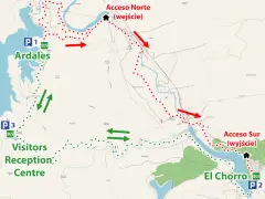 Mapa szlaku Caminito del Rey z zaznaczonymi parkingami P1, P2, P3, wejściem północnym i południowym oraz centrum dla odwiedzających.