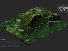 Trójwymiarowa mapa szlaków turystycznych na Babiej Górze, z zaznaczonymi szczytami i przełęczami.