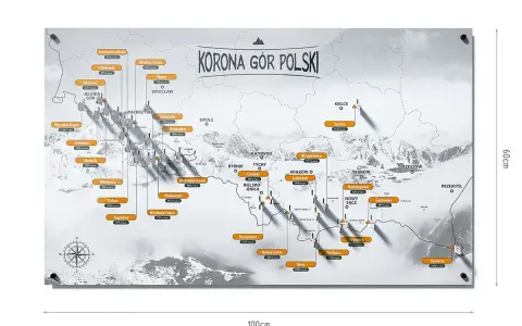 Mapa przedstawiająca Koronę Gór Polski z zaznaczonymi szczytami i ich wysokościami.