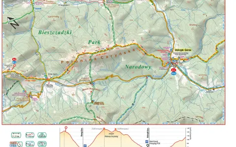 Mapa przedstawia fragment Głównego Szlaku Beskidzkiego, najdłuższego szlaku w Polsce, przez Połoninę Caryńską.