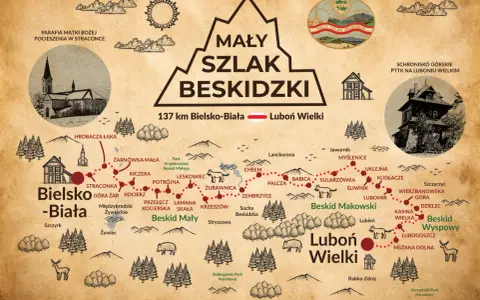 Mapa "Mały Szlak Beskidzki" z zaznaczonymi trasami, schroniskami i miejscowościami. W tle widok na Beskid Wyspowy, który jest koroną Beskidu Wyspowego.
