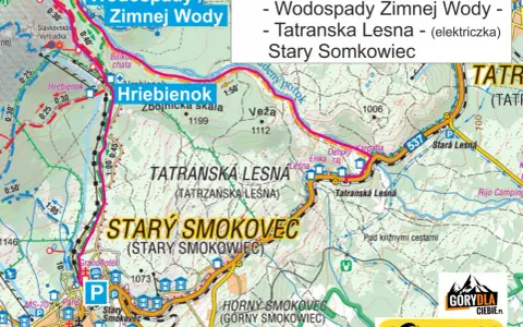 Mapa turystyczna z zaznaczoną trasą od Starego Smokowca przez Hrebienok i Wodospady Zimnej Wody do Tatrzańskiej Leśnej.