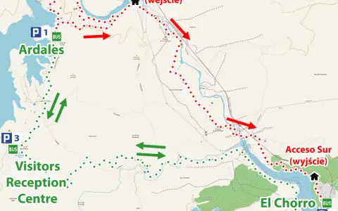 Mapa szlaku Caminito del Rey z zaznaczonymi parkingami P1, P2, P3, wejściem północnym i południowym oraz centrum dla odwiedzających.
