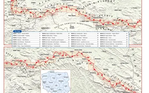 Mapa przedstawia etapy Głównego Szlaku Beskidzkiego, z zaznaczonymi punktami i numerami poszczególnych odcinków.