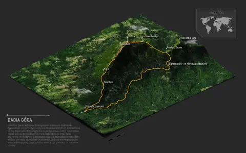 Trójwymiarowa mapa szlaków turystycznych na Babiej Górze, z zaznaczonymi szczytami i przełęczami.