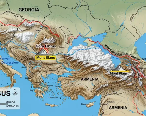 Mapa Kaukazu z zaznaczonym Elbrusem. Góra Elbrus leży w Europie, na kontynencie europejskim.