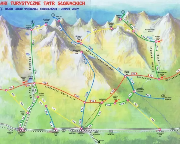 Mapa turystyczna słowackich Tatr z zaznaczonymi szlakami, w tym łatwe szlaki w Tatrach Słowackich w dolinach Wielickiej i Studenej.