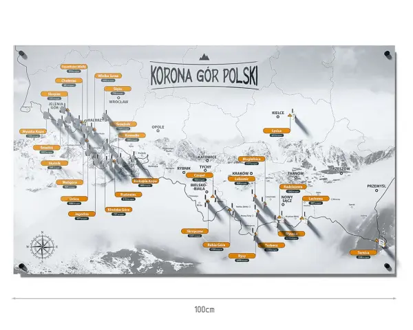 Mapa przedstawiająca Koronę Gór Polski z zaznaczonymi szczytami i ich wysokościami.