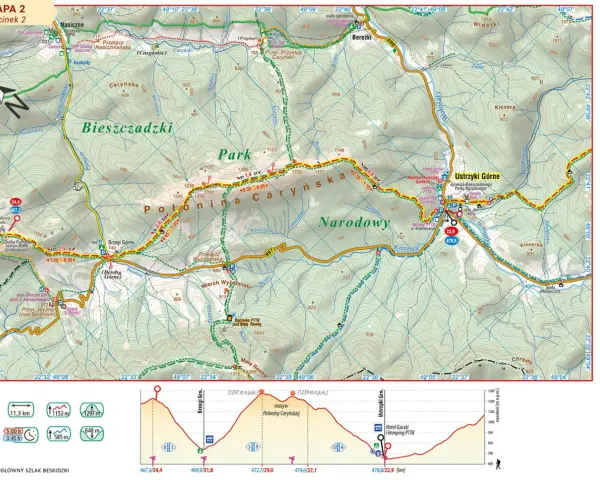 Mapa przedstawia fragment Głównego Szlaku Beskidzkiego, najdłuższego szlaku w Polsce, przez Połoninę Caryńską.