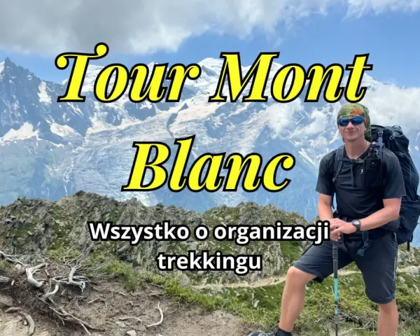 Mężczyzna z plecakiem na tle gór, przygotowuje się do trekkingu Tour du Mont Blanc.