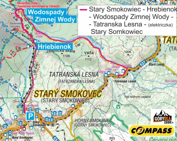 Mapa turystyczna z zaznaczoną trasą od Starego Smokowca przez Hrebienok i Wodospady Zimnej Wody do Tatrzańskiej Leśnej.