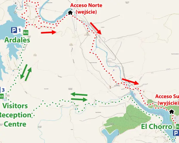 Mapa szlaku Caminito del Rey z zaznaczonymi parkingami P1, P2, P3, wejściem północnym i południowym oraz centrum dla odwiedzających.