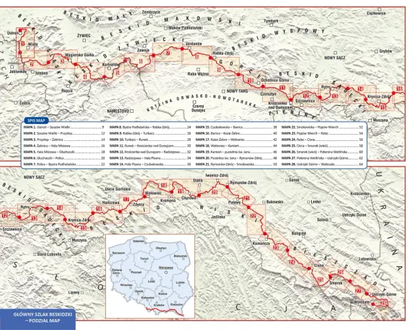 Mapa przedstawia etapy Głównego Szlaku Beskidzkiego, z zaznaczonymi punktami i numerami poszczególnych odcinków.