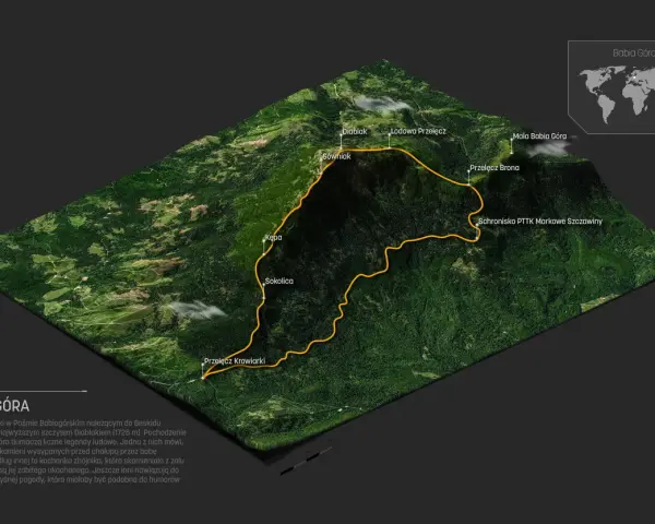 Trójwymiarowa mapa szlaków turystycznych na Babiej Górze, z zaznaczonymi szczytami i przełęczami.