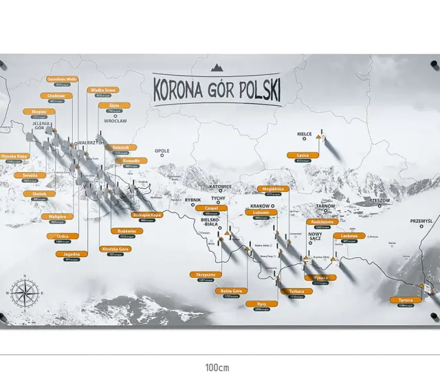 Mapa przedstawiająca Koronę Gór Polski z zaznaczonymi szczytami i ich wysokościami.