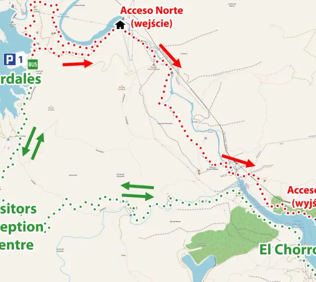 Mapa szlaku Caminito del Rey z zaznaczonymi parkingami P1, P2, P3, wejściem północnym i południowym oraz centrum dla odwiedzających.