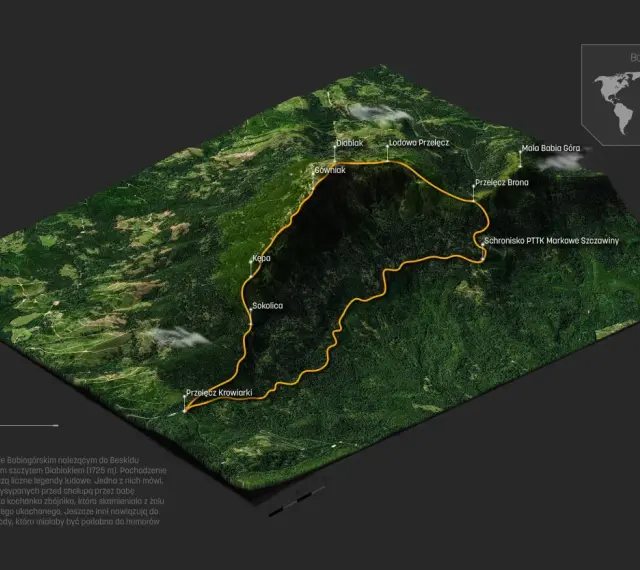 Trójwymiarowa mapa szlaków turystycznych na Babiej Górze, z zaznaczonymi szczytami i przełęczami.