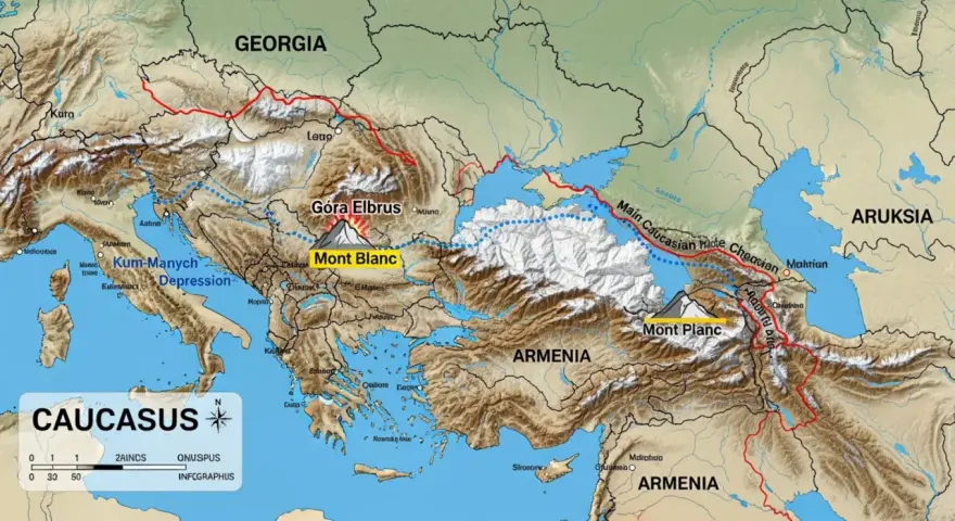 Mapa Kaukazu z zaznaczonym Elbrusem. Góra Elbrus leży w Europie, na kontynencie europejskim.