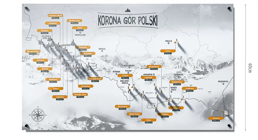 Mapa przedstawiająca Koronę Gór Polski z zaznaczonymi szczytami i ich wysokościami.
