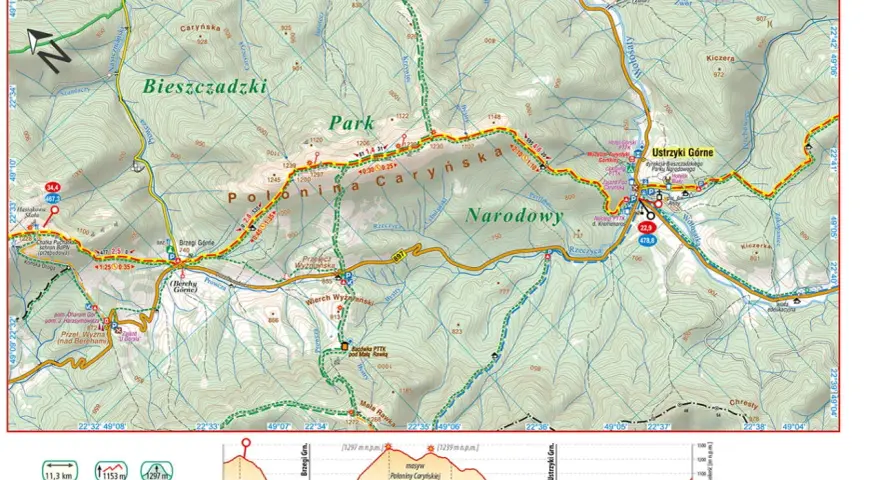 Mapa przedstawia fragment Głównego Szlaku Beskidzkiego, najdłuższego szlaku w Polsce, przez Połoninę Caryńską.