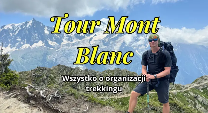Mężczyzna z plecakiem na tle gór, przygotowuje się do trekkingu Tour du Mont Blanc.